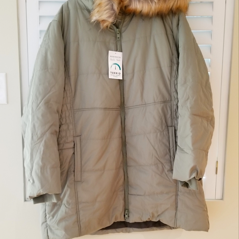 Sz 2 Torrid Sage Green Winter Coat w/Faux Fur Lined Hood